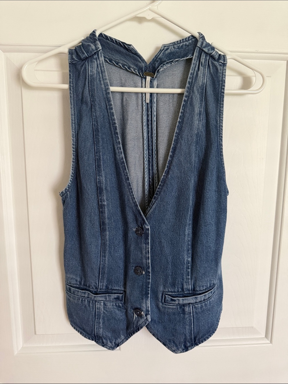 Sleeveless Blue Denim Vest - Women's Button-Front Waistcoat